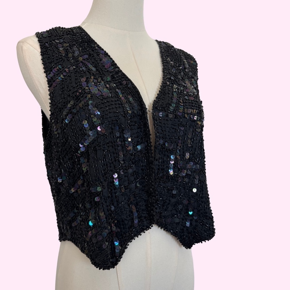 80s Vintage Silk Fully Beaded Black Vest Top Size Medium